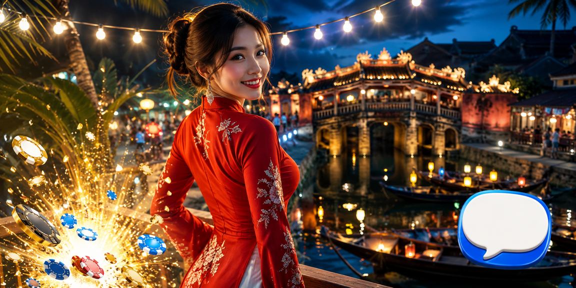Không gian giải trí casino theo phong cách Hội An với áo dài truyền thống kết hợp công nghệ chơi game hiện đại